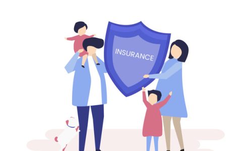 Character of a family holding an insurance illustration